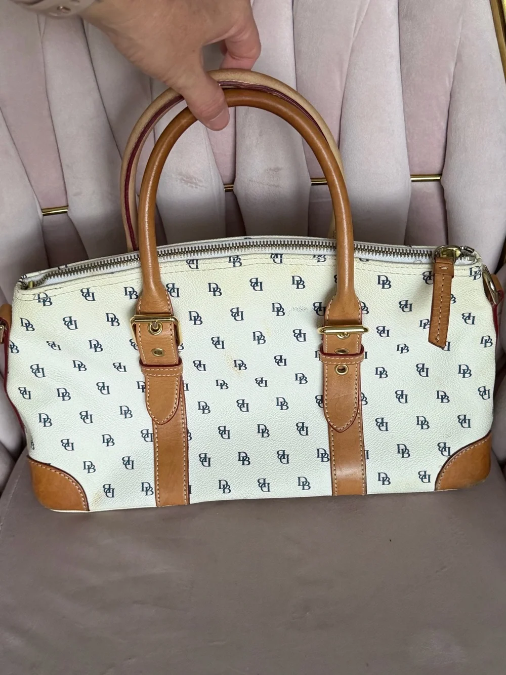 Dooney & Bourke Cream Canvas Tote with Tan Leather Trim
